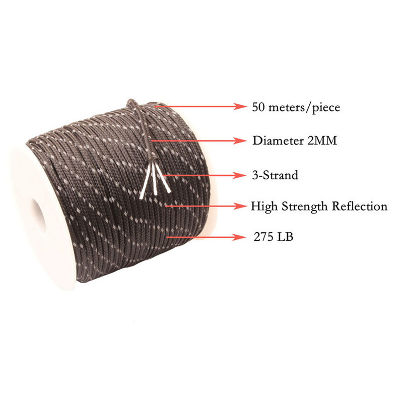 CAMPINGSKY Peegeldav Paracord 2mm 3-südamikuga välimatkanöör Langevarjunöör Paeltelk Multifunktsionaalne Corda