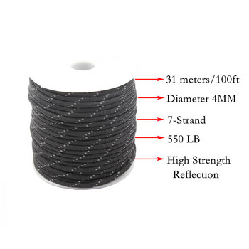CAMPINGSKY Reflective Paracord 550lb 7 Strand 100FT Survival 550 Cord Parachute Rope High-intensity