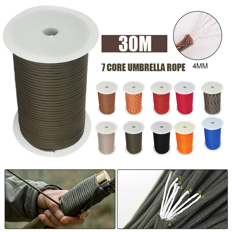 30M 1 rulonas 4 mm 7 stovo šerdys Paracord išgyvenimui Parašiuto virvelė Kempingas Laipiojimas Stovyklavietės Virve Žygiams Drabužių virvė
