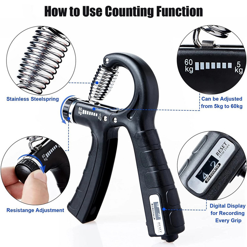 5-60KG reguleeritav R-kujuline käepideme tugevdaja käepideme jõutrenažöör käsivarre lihaseid treeniv sõrm küünarvarre koos loenduriga