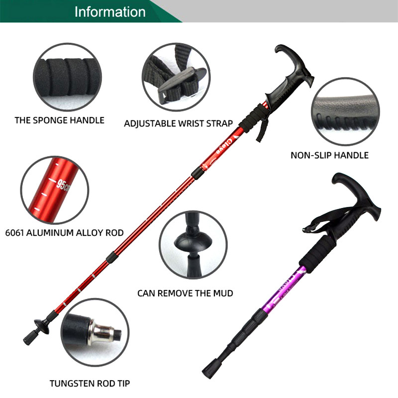 Lauko pėsčiųjų lazdos lazdelė T Rankena lazdelė aliuminio lydinio amortizatorius keturių sekcijų teleskopinė alpinizmo lazda