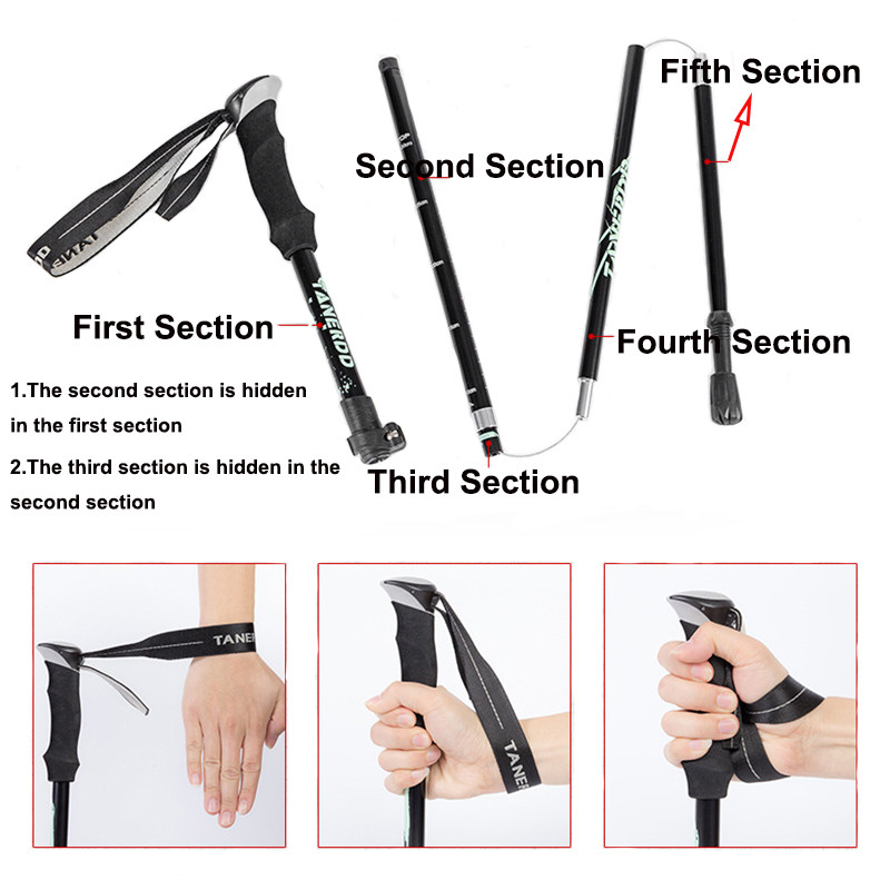 5 részes összecsukható túrabotok Ultrakönnyű Nordic Walking Botok Túrázás Teleszkópos Rúd Állítható Shock Botok Mászóbotok