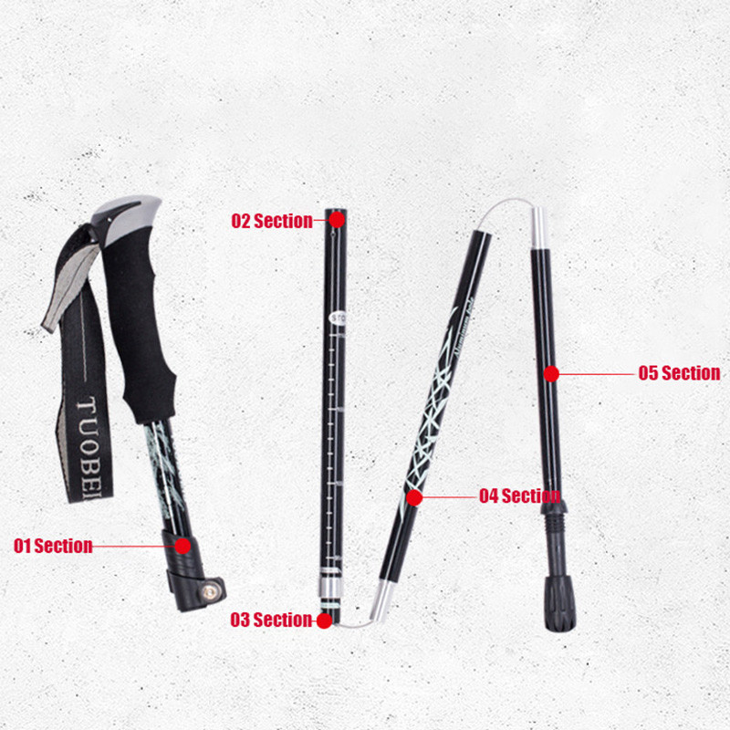 Baston de drumeție pliabil, în aer liber, cu 5 secțiuni, pentru camping, portabil, pentru mers pe jos, pentru clubul telescopic pentru bătrâni nordici, cu geantă 1/2 buc.