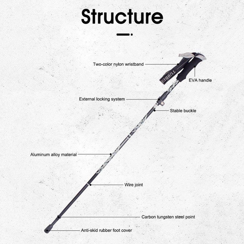 Cel mai recent stâlp de trekking pliabil, portabil, reglabil, din aliaj de aluminiu, curea de mână și stâlp detașabil pentru accesorii de alpinism în aer liber