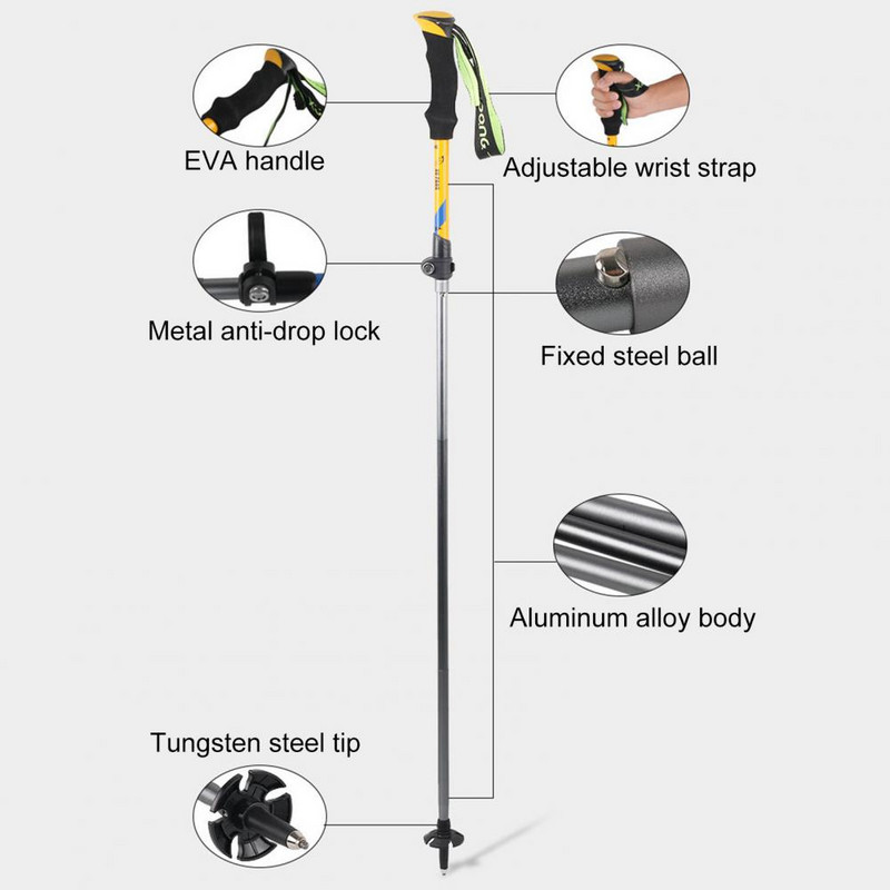 Sulankstomas žygio lazdas Camping Nešiojami šiaurietiško ėjimo žygių lazdos Aliuminio lydinio sulankstomos žygio lazdos laipiojimo ramentai