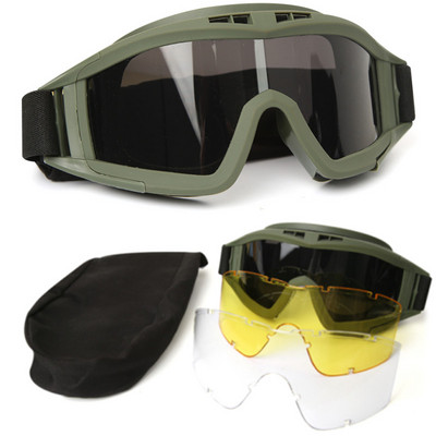 Airsoft Tactical Brilles 3 Lens Black Tan Green Vēja necaurlaidīgs Putekļu necaurlaidīgs Motocross Motociklu brilles CS Peintbola Drošības aizsardzība