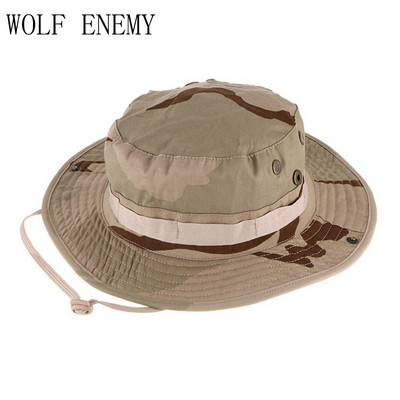 Taktikaline jahimüts Militaar Camo ämbriga päikesekübar Veekindel kalapüük Õues telkimine Kalurimütsid nööriga meestega