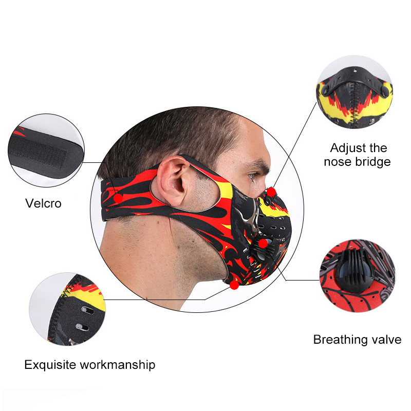 Jalgratta näomask filtriga Korduvkasutatav mask näo tolmumaski jaoks, aktiivsöega 5-kihiline filtreerimisplokk Pm 2,5 rattamask