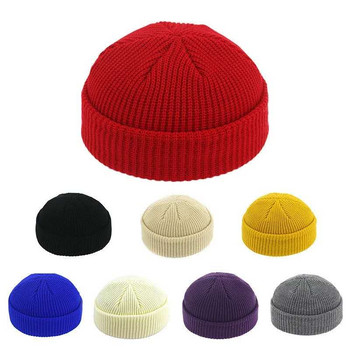 Нова модна мъжка шапка, зимна плетена шапка, шапка за момче, моряшка шапка, маншети, ретро тъмносиня къса шапка, едноцветна унисекс есенна топла шапка