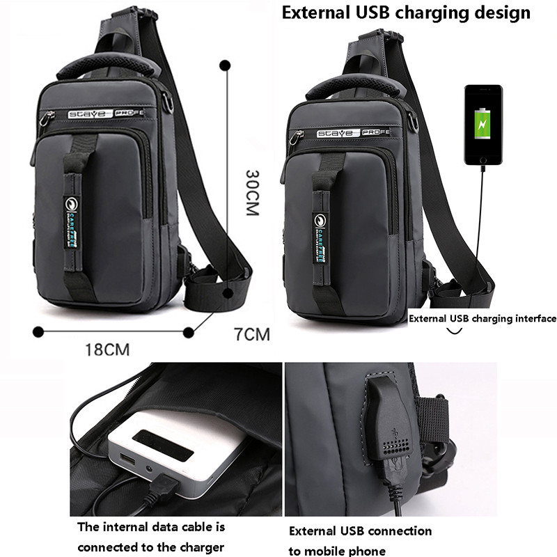 Meeste multifunktsionaalne USB õlakott Crossbody Cross Body Sling Rinnakotid Veekindel reisipakk Messenger Pack meestele Uus