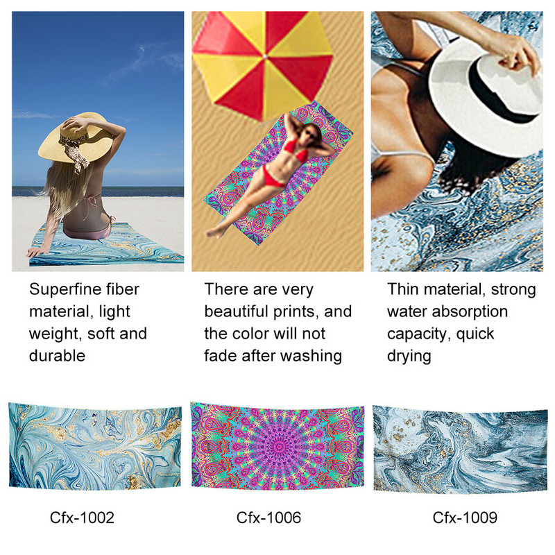 Női vízelnyelő vékony, színes nyomtatott minta gyorsan szárad nyári szünet hordozható, téglalap alakú strandlepedő kültéri