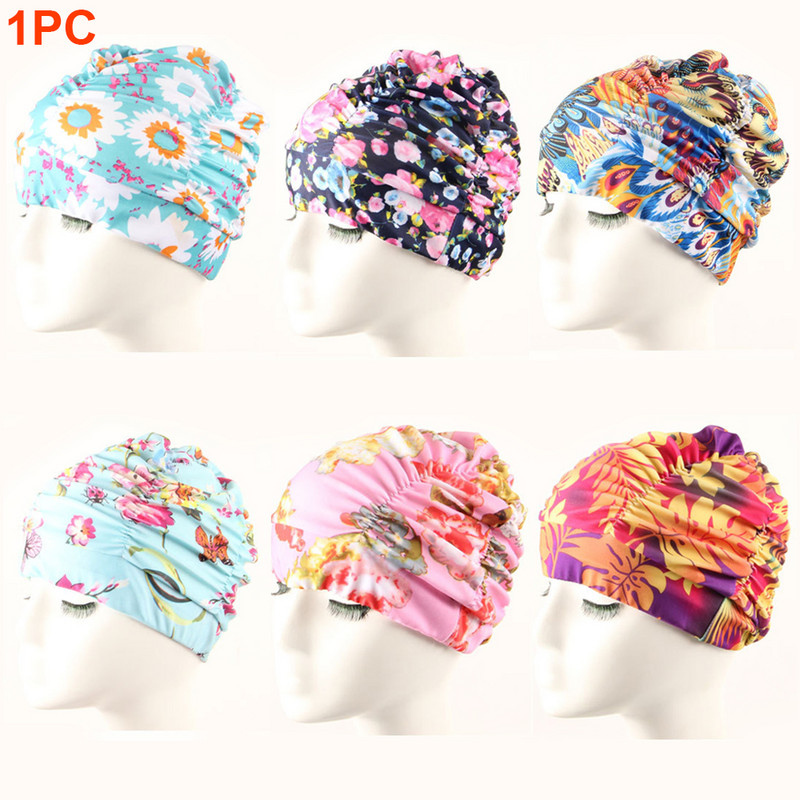 Női hosszú hajú úszósapka redőzött fürdősapka nylon medence divat sztreccs virágmintás rugalmas felnőtt strand
