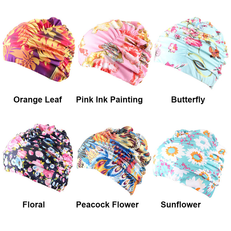 Női hosszú hajú úszósapka redőzött fürdősapka nylon medence divat sztreccs virágmintás rugalmas felnőtt strand