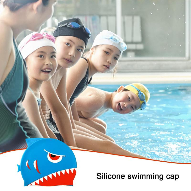 Cască de înot din silicon pentru copii, impermeabilă, confortabilă, pentru îngrijirea părului, șapcă de înot pentru copii, șapcă de înot elastică cu rechin din desene animate, șapcă de scufundări