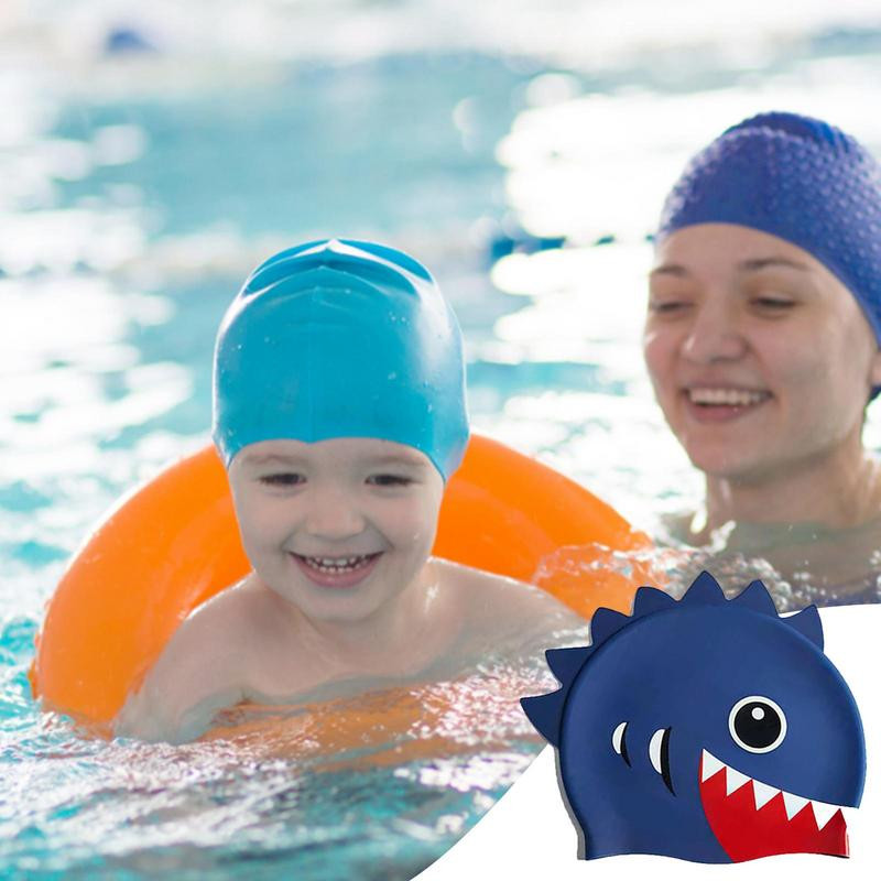 Cască de înot din silicon pentru copii, impermeabilă, confortabilă, pentru îngrijirea părului, șapcă de înot pentru copii, șapcă de înot elastică cu rechin din desene animate, șapcă de scufundări