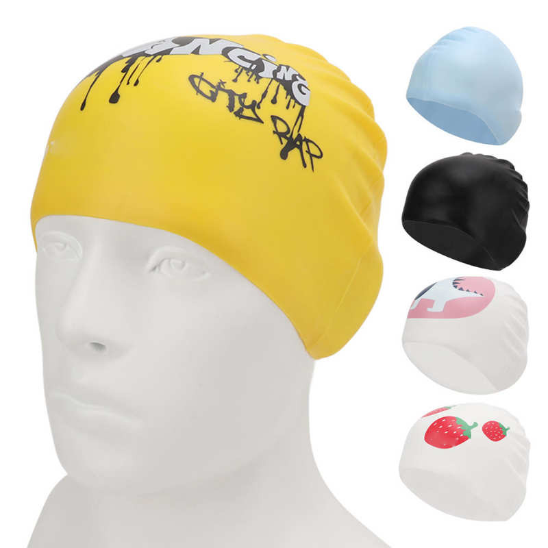 Pikkade juustega ujumismüts, trükitud veekindel, libisemisvastase triibuga silikoonist ujumismüts täiskasvanutele