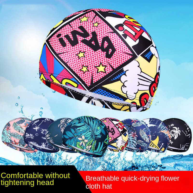 Moodne Ujumismüts Meeste Naiste Lilletrükiga pikkade juustega Spordibasseini ujumismüts Elastne Nailonist Turban Sport Ujumistarvikud