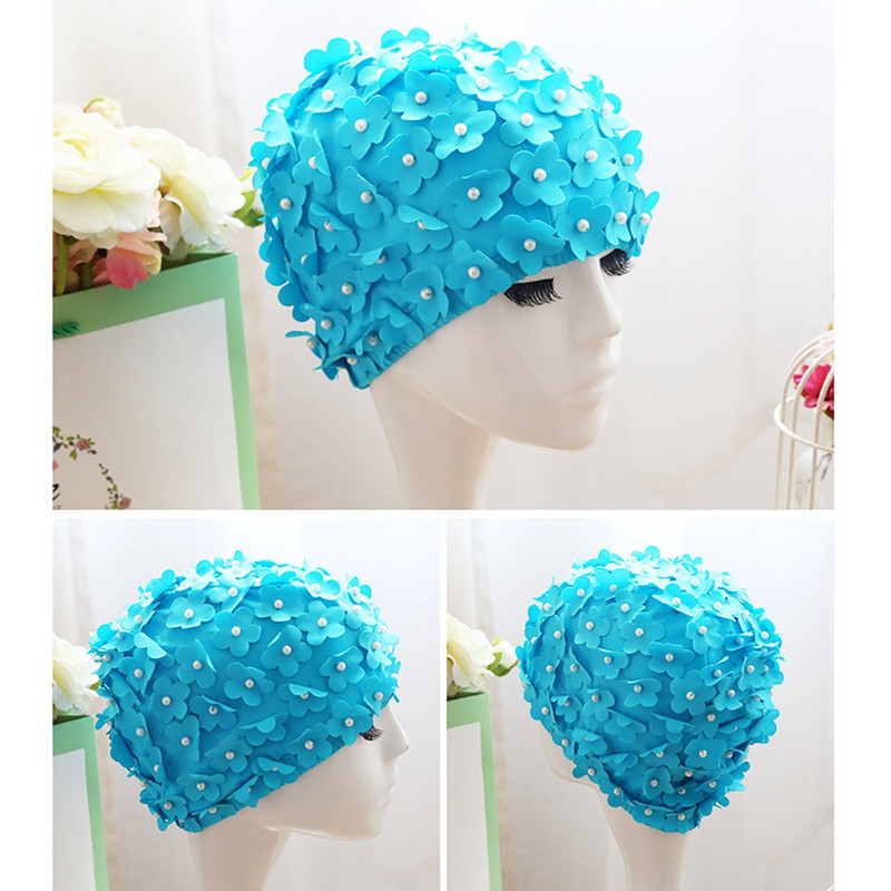 Șapcă de înot cu flori, petale de flori de modă, cu perle, cu păr lung și scurt, șapcă de înot pură, realizată manual, cu flori tridimensionale, din perle.