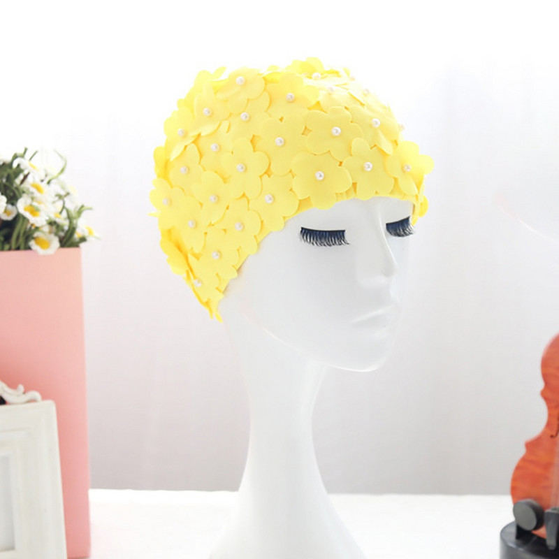 Șapcă de înot cu flori, petale de flori de modă, cu perle, cu păr lung și scurt, șapcă de înot pură, realizată manual, cu flori tridimensionale, din perle.