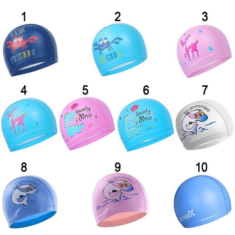 Įkaitusios ausys, klostuotos Laisvas dydis Animacinis spausdintas elastinis nailono turbanas baseino kepuraitės ilgi plaukai, apsaugantys vaikus, plaukimo kepuraitė