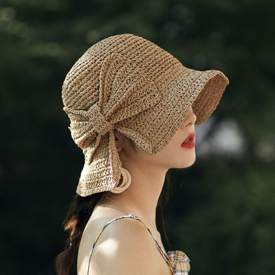 Καλοκαιρινό καπέλο με γείσο και φιόγκο Καλοκαιρινό καπέλο με φαρδύ γείσο, ψάθινο καπέλο ηλίου, καλοκαιρινό καπέλο παραλίας για γυναίκες ASD88