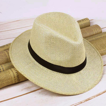 Мъжка сламена панамена шапка, ръчно изработена каубойска шапка, лятна плажна шапка за слънце
