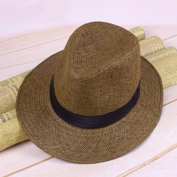 Мъжка сламена панамена шапка, ръчно изработена каубойска шапка, лятна плажна шапка за слънце