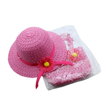 Λουλούδι Ψάθινο καπέλο με τσάντα Παιδικό κοστούμι παραλίας Καπέλο παραλίας Φορητό καλοκαιρινό σκουφάκι ηλίου για υπαίθριο τσαντάκι ιππασίας με 2 χερούλια