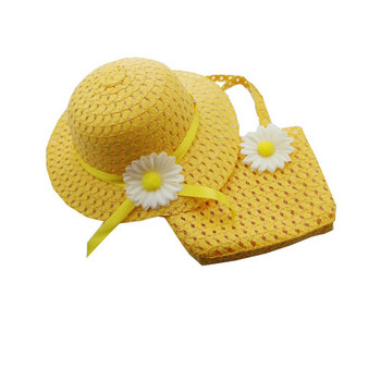 Сламена шапка със слънчеви цветя с чанта Плажен костюм Детско момиче Плажна шапка Преносима лятна шапка за слънце Портмоне за езда на открито Комплекти с 2 дръжки