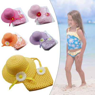 Flower Sun Straw Hat With Handbag Beach Suit Kid Girl Beach Hat Portable Summer Sun Cap Outdoor Riding Purse Sets With 2 Handles