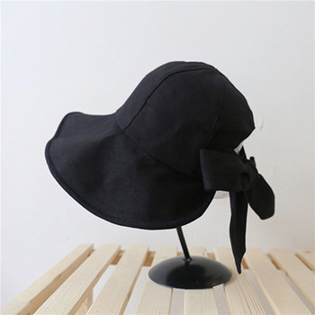Дамска памучна лятна конопена шапка с кофа Слънцезащитна шапка Плажна шапка на открито, елегантна сгъваема слънчева шапка с панделка Дишаща шапка
