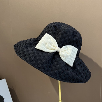 Дамска шапка с кофа с лък 2023 Лято Kpop Боб Памучни черни плажни слънчеви шапки Сгъваема шапка за риболов с широка периферия Anti-Uv