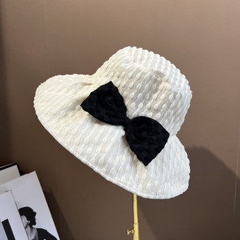 Γυναικείο καπέλο με φιόγκο 2023 Καλοκαίρι Kpop Bob βαμβακερό μαύρο καπέλο ηλίου παραλίας Πτυσσόμενο με φαρδύ γείσο Anti-Uv Καπέλο ψαρέματος