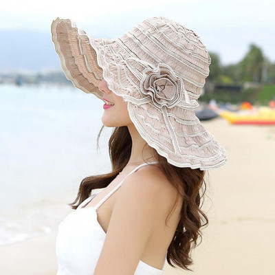 Нова модна дамска шапка Floppy 2022 Корейски стил Цветя Опакована голяма шапка с широка периферия Анти-UV регулируема дамска флопи плажна шапка за слънце