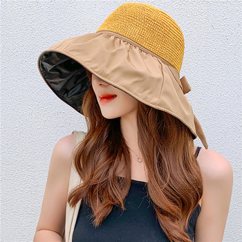 Лятна шапка-кофа с голяма периферия за жени Мрежеста плетена купола Anti UV 50+ Слънцезащитни шапки Сгъваеми шапки за плаж на открито Пътуваща панама шапка