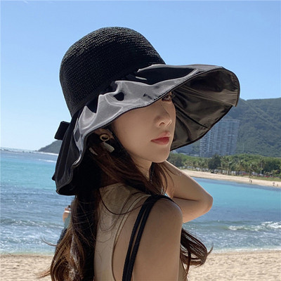 Лятна шапка-кофа с голяма периферия за жени Мрежеста плетена купола Anti UV 50+ Слънцезащитни шапки Сгъваеми шапки за плаж на открито Пътуваща панама шапка
