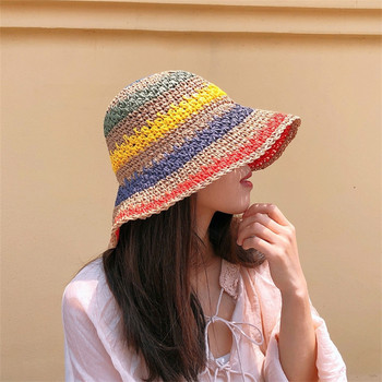 2023 Лятна дамска шапка-кофа, сламена дъга, плетена на една кука, сгъваема панама за родители и деца, детска женска плажна шапка с козирка за слънце
