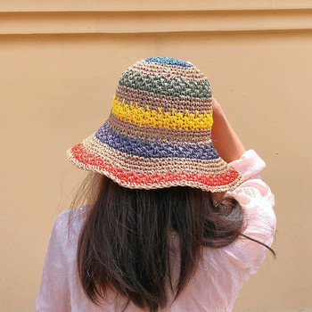 Καλοκαιρινό γυναικείο καπέλο 2023 από ψάθινο βελονάκι Rainbow πτυσσόμενο καπέλο γονέα-παιδί Παναμά Παιδικό γυναικείο καπέλο ηλίου παραλίας