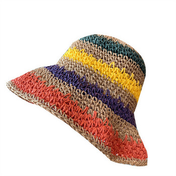 Καλοκαιρινό γυναικείο καπέλο 2023 από ψάθινο βελονάκι Rainbow πτυσσόμενο καπέλο γονέα-παιδί Παναμά Παιδικό γυναικείο καπέλο ηλίου παραλίας