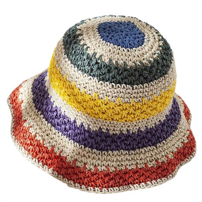 2023. aasta suvine naiste ämbrikübar, õlgedest valmistatud vikerkaarekujuline heegeldatud kokkupandav vanem-laps Panama müts, naiste naiste ranna päikesesirmi müts