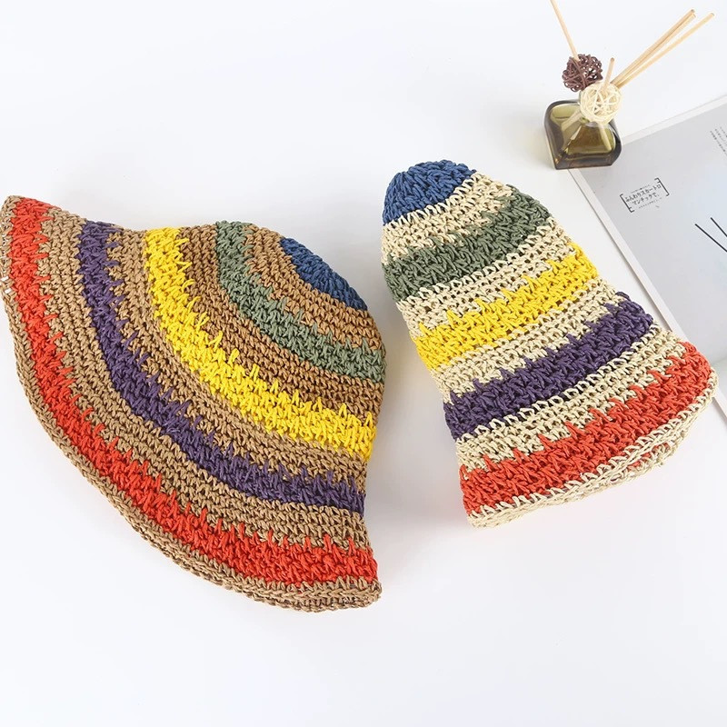 2023. aasta suvine naiste ämbrikübar, õlgedest valmistatud vikerkaarekujuline heegeldatud kokkupandav vanem-laps Panama müts, naiste naiste ranna päikesesirmi müts