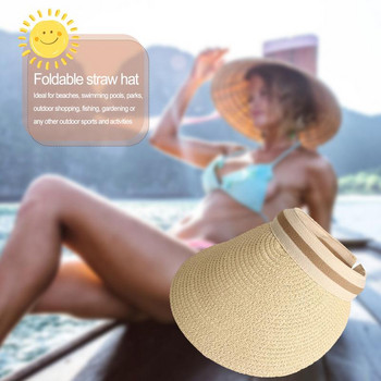 Καλοκαιρινό άδειο επάνω Suncap Φορητό πτυσσόμενο μαγικό καπέλο παραλίας Φαρδύ γείσο Γυναικείο καπέλο ηλίου Casual Ψάθινο καπέλο