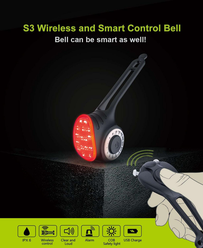 Meilan S3 BiKe hátsó lámpa COB fényforrás kerékpár intelligens vezeték nélküli távirányító 150 decibel elektromos csengő betörésjelző