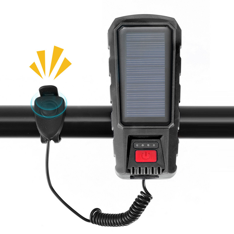 Päikeseenergia jalgratta esilatern USB laetav jalgrattavalgusti 130 dB sarvega MTB taskulambi rattakellaga jalgratta lisatarvikute jaoks