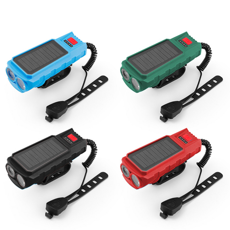 Päikeseenergia jalgratta esilatern USB laetav jalgrattavalgusti 130 dB sarvega MTB taskulambi rattakellaga jalgratta lisatarvikute jaoks