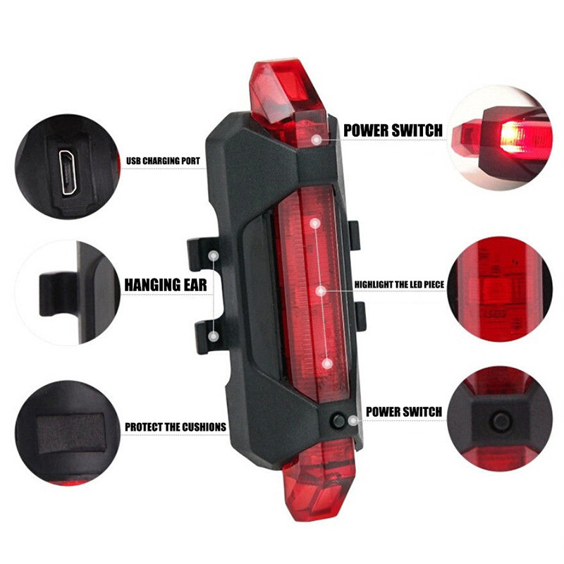 În aer liber 5 LED-uri Coada de ciclism pentru bicicletă, reîncărcabilă prin USB, lumină roșie de avertizare, lumină de siguranță pentru spate, accesorii pentru biciclete, 3 culori