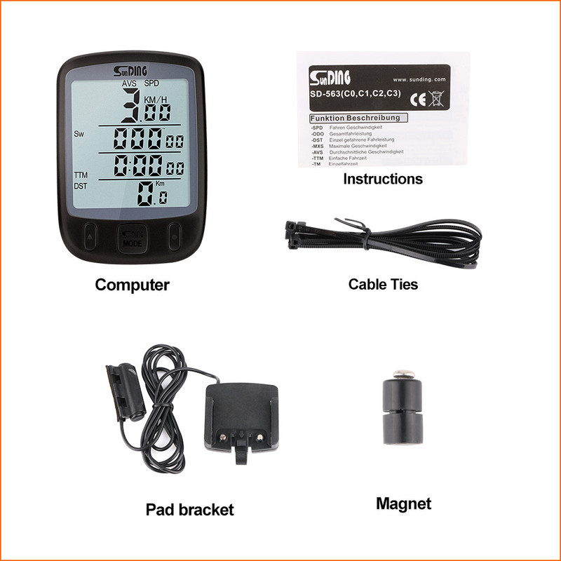 Suding Αδιάβροχη LCD Μεγάλη Οθόνη Ταχύμετρο Χιλόμετρου Υπολογιστή με Πράσινο Οπίσθιο Φωτισμό Αξεσουάρ Ιππασίας SD-563A