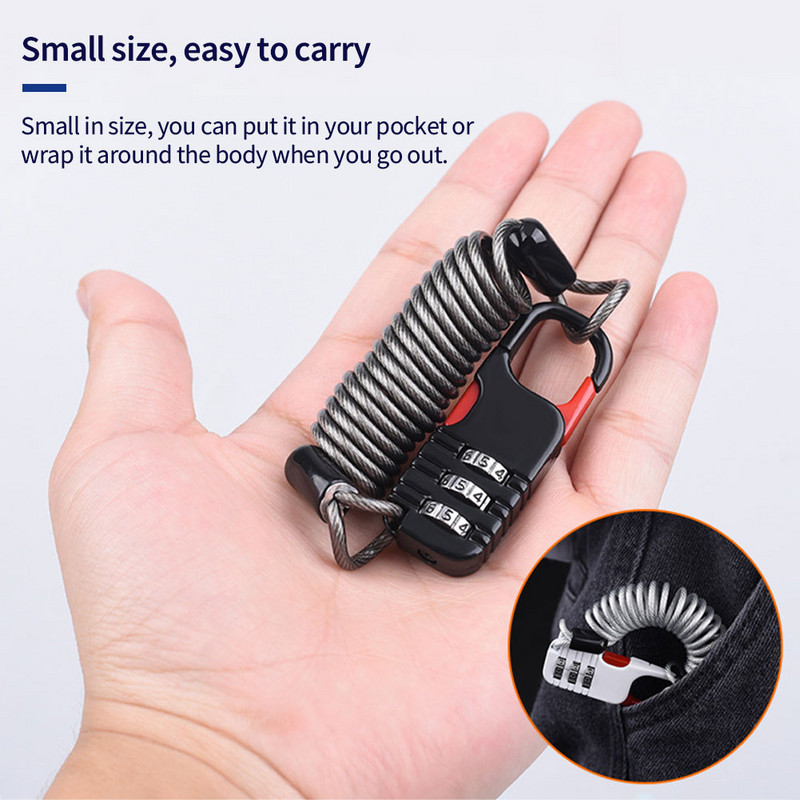 Kerékpáros lopásgátló motorkerékpár háromjegyű jelszó kombinációs biztonsági kötél Drótkötél sisakzár Biztonsági kötélzár