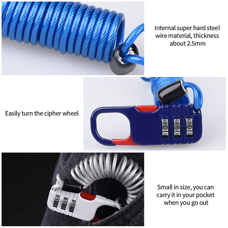 Kerékpáros lopásgátló motorkerékpár háromjegyű jelszó kombinációs biztonsági kötél Drótkötél sisakzár Biztonsági kötélzár