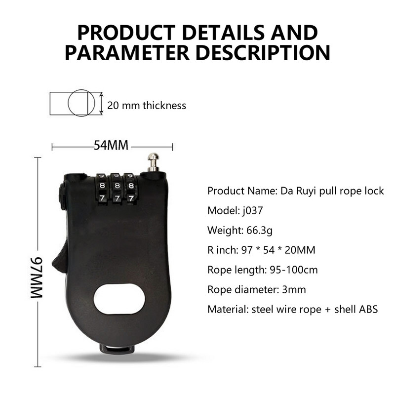 3-kohaline vargusvastane lukukood, kaabellukk, turvaparool, pikk rullvanker tabalukk köis jalgrattaosad mini pikendatav traat